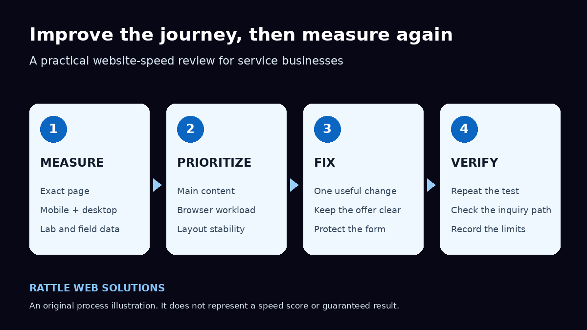 Website speed review workflow: measure the page, prioritize the bottleneck, make one useful fix, and verify the test and inquiry path.