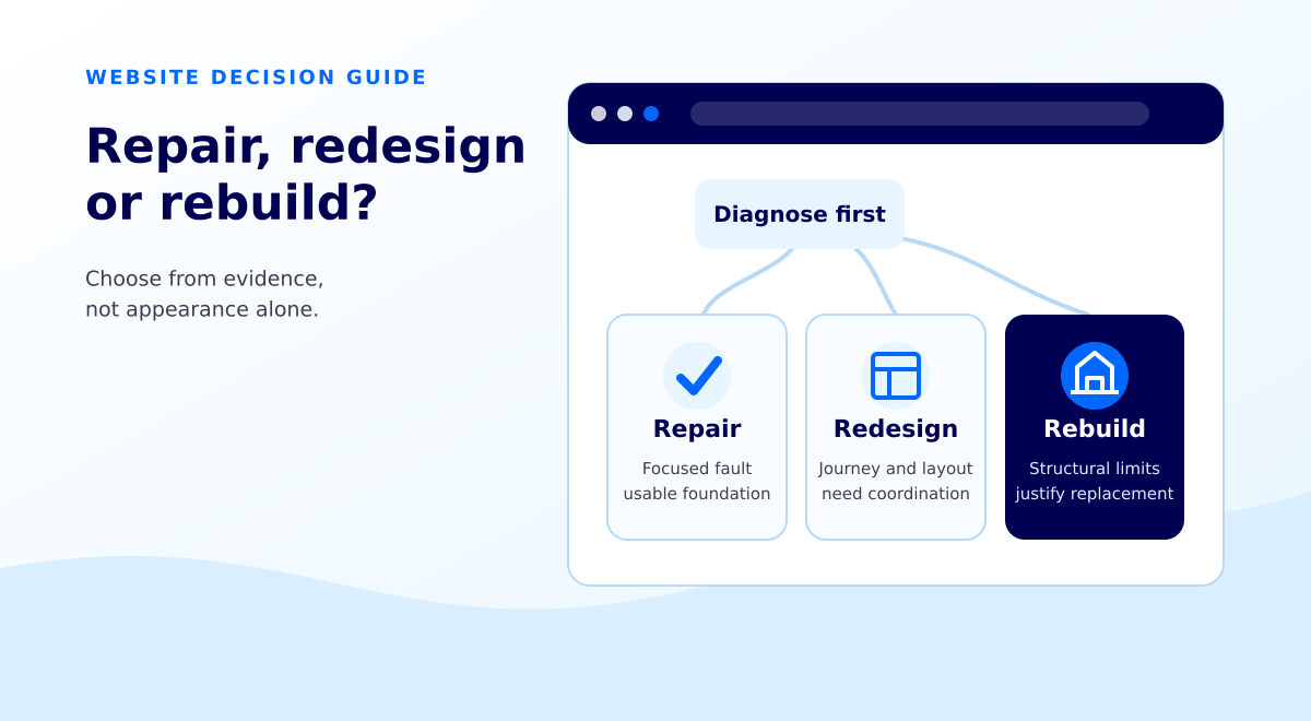 Website diagnosis branches into repair for isolated faults, redesign for coordinated layout changes, and rebuild for structural limits.