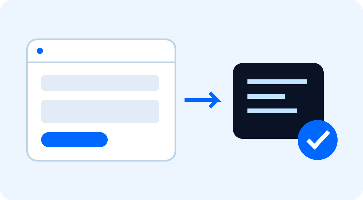 A website form points to a recorded inquiry with a confirmation check.